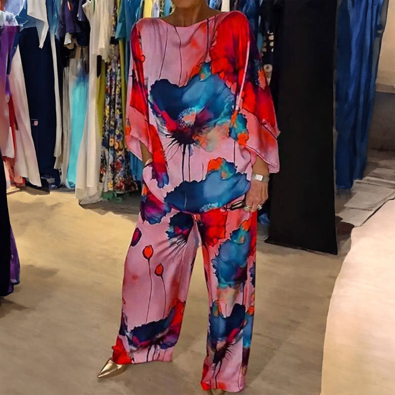 Dámská dvoudílná souprava s uměleckým potiskem, topem s širokými rukávy a volnými kalhotami - elegantní a vzdušná souprava na každodenní nošení, volný čas i smart casual styl