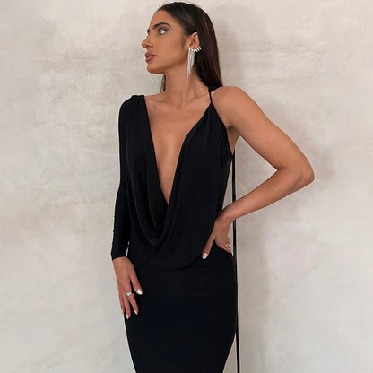 Kvinde Draperet Maxi Aftenkjole med Asymmetrisk Skulderdesign
