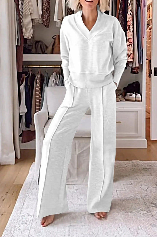 Dame Afslappet 2-delt Sæt Med V-hals, Langærmet Pullover Og Bukser Med Brede Ben – Elegant Hverdagssæt Til Fritid, Hverdagsbrug Og Smart Casual Stil