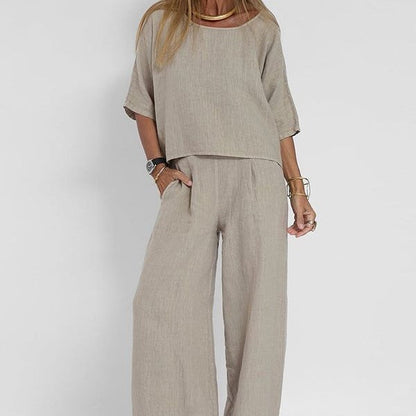 Dame Linned Bukse Sæt Med Brede Ben – Elegant 2-delt Sommersæt Til Ferie, Fritid, Hverdagsbrug Og Smart Casual Stil