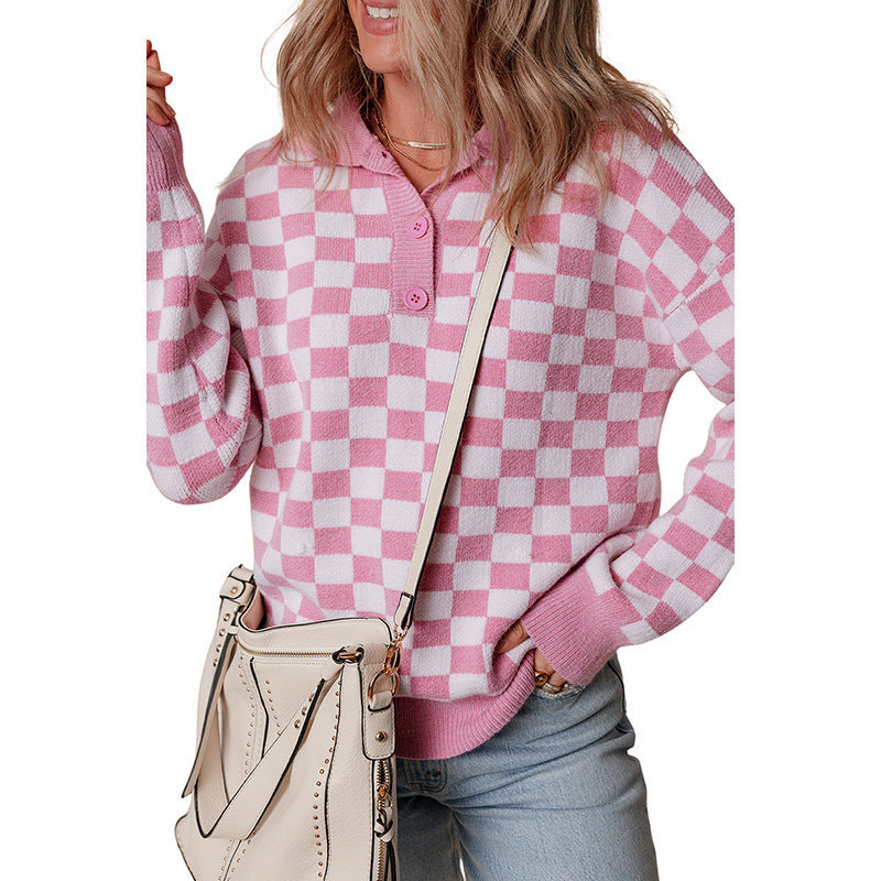Dame Ternet Striksweater Med Krave Og Knaplukning – Afslappet Pullover Til Hverdagsbrug, Fritid Og Casual Lag-på-lag Styling