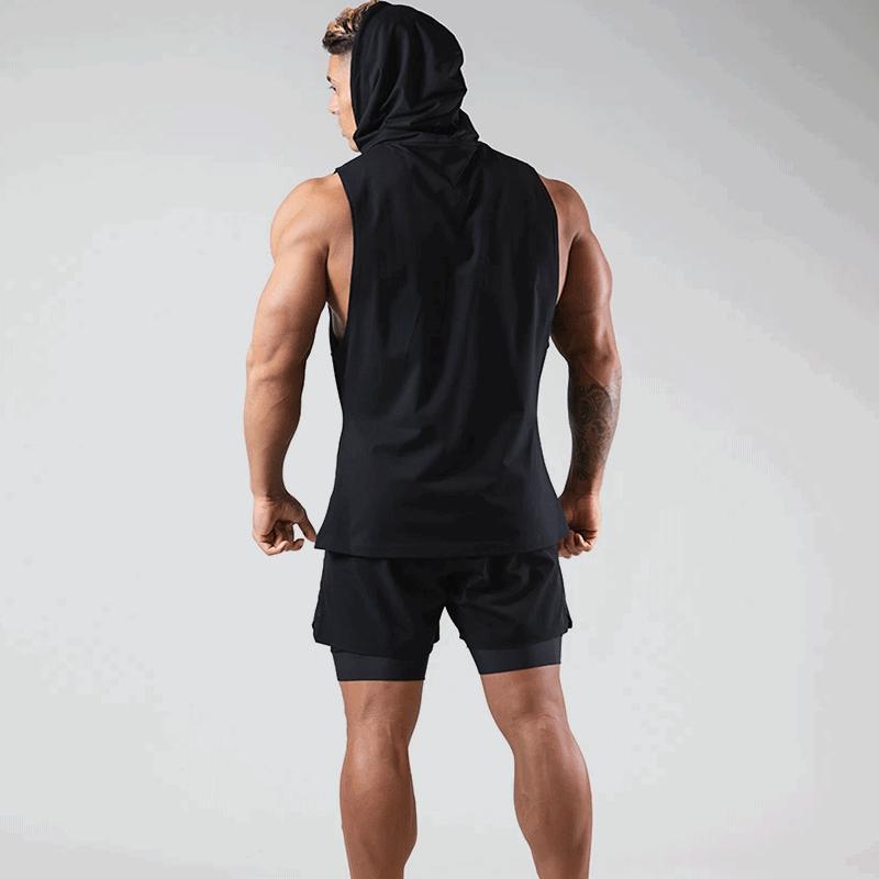 Chaleco deportivo sin mangas estampado para hombre con capucha y cordón: top informal para entrenar, tiempo libre y uso diario