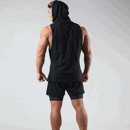 Chaleco deportivo sin mangas estampado para hombre con capucha y cordón: top informal para entrenar, tiempo libre y uso diario
