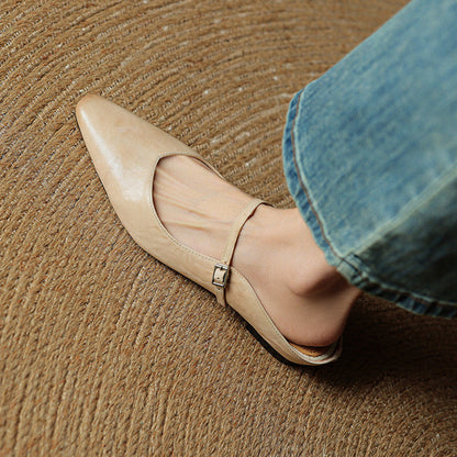 Women's Flat Mules with Pointed Toe and Strap Details – Slip-on Shoes for Everyday Wear, the Office, and Special Occasions