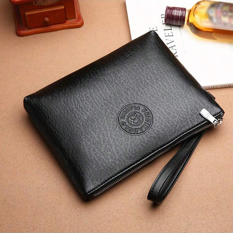 Herre Læderclutch Med Lynlås – Slankt Design Til Business, Dokumenter, Kort, Kontanter Og Hverdagsbrug