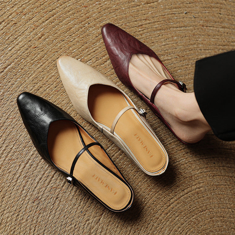 Women's Flat Mules with Pointed Toe and Strap Details – Slip-on Shoes for Everyday Wear, the Office, and Special Occasions