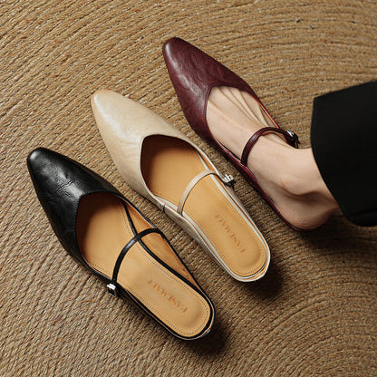 Women's Flat Mules with Pointed Toe and Strap Details – Slip-on Shoes for Everyday Wear, the Office, and Special Occasions