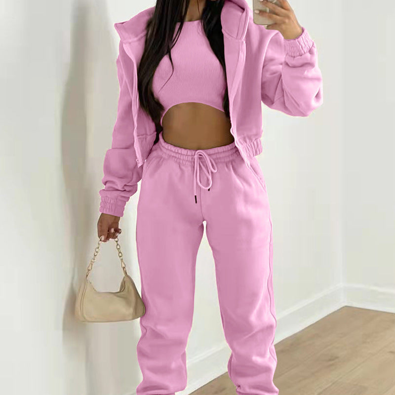 Damski 3-częściowy zestaw athleisure z krótkim prążkowanym topem, bluzą z kapturem zapinaną na zamek i joggerami ze sznurkiem - luźny zestaw na trening, co dzień i czas wolny