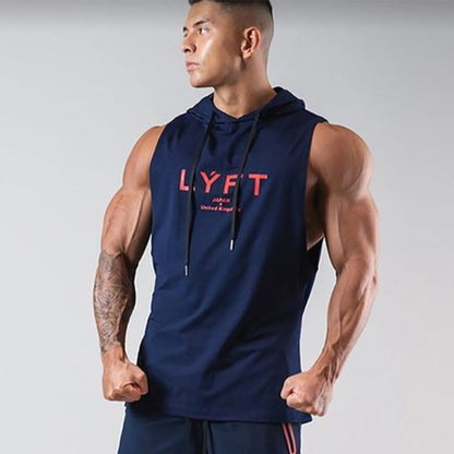 Chaleco deportivo sin mangas estampado para hombre con capucha y cordón: top informal para entrenar, tiempo libre y uso diario