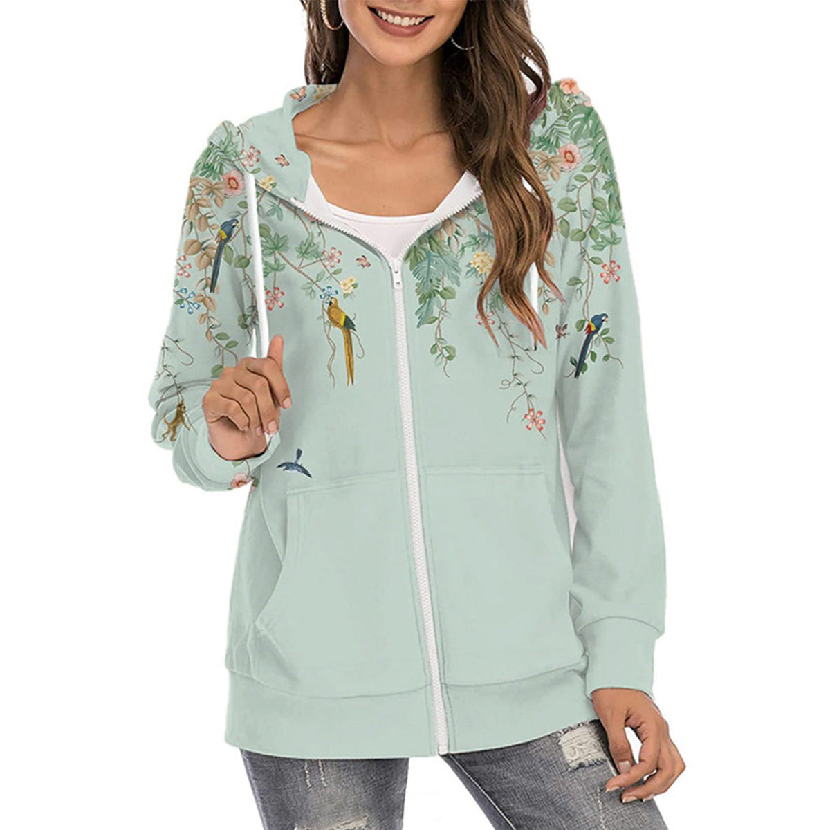 Dame Butterfly-print Hættetrøje Med Lynlås Og Gradientdesign – Let Casual Jakke Til Hverdagsbrug, Fritid Og Lag-på-lag Styling