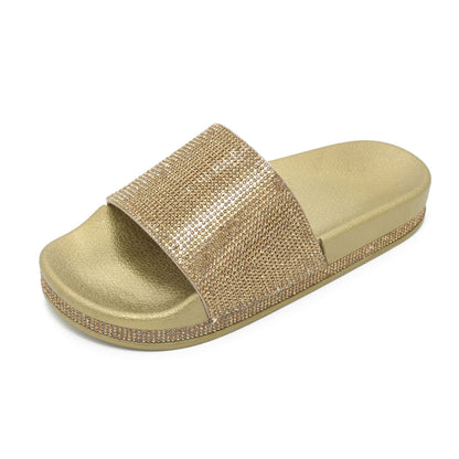 Dame Slip-on Sandaler Med Rhinsten Og Bred Rem – Glitrende Flade Sommersandaler Med Dekorativ Sål Til Ferie, Sommer Og Afslappet Hverdagsbrug