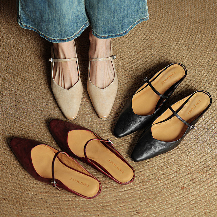 Women's Flat Mules with Pointed Toe and Strap Details – Slip-on Shoes for Everyday Wear, the Office, and Special Occasions