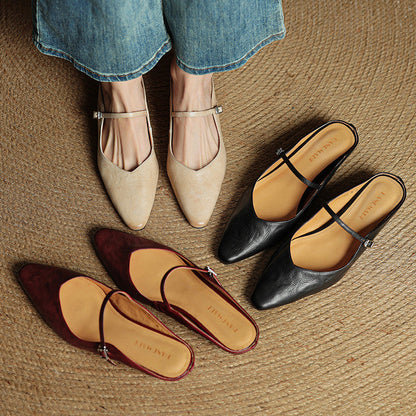 Women's Flat Mules with Pointed Toe and Strap Details – Slip-on Shoes for Everyday Wear, the Office, and Special Occasions