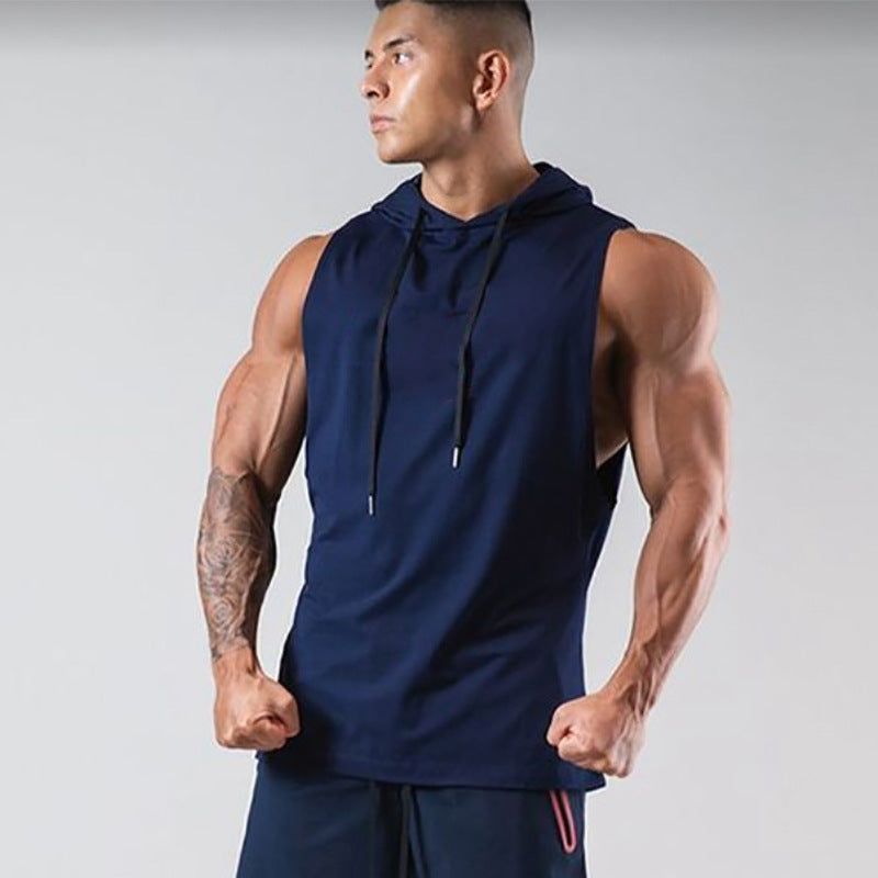 Chaleco deportivo sin mangas estampado para hombre con capucha y cordón: top informal para entrenar, tiempo libre y uso diario