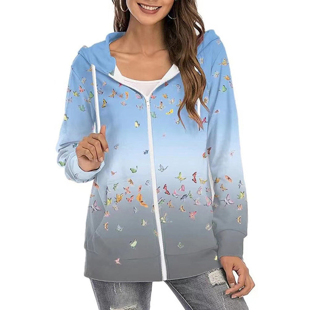 Dame Butterfly-print Hættetrøje Med Lynlås Og Gradientdesign – Let Casual Jakke Til Hverdagsbrug, Fritid Og Lag-på-lag Styling