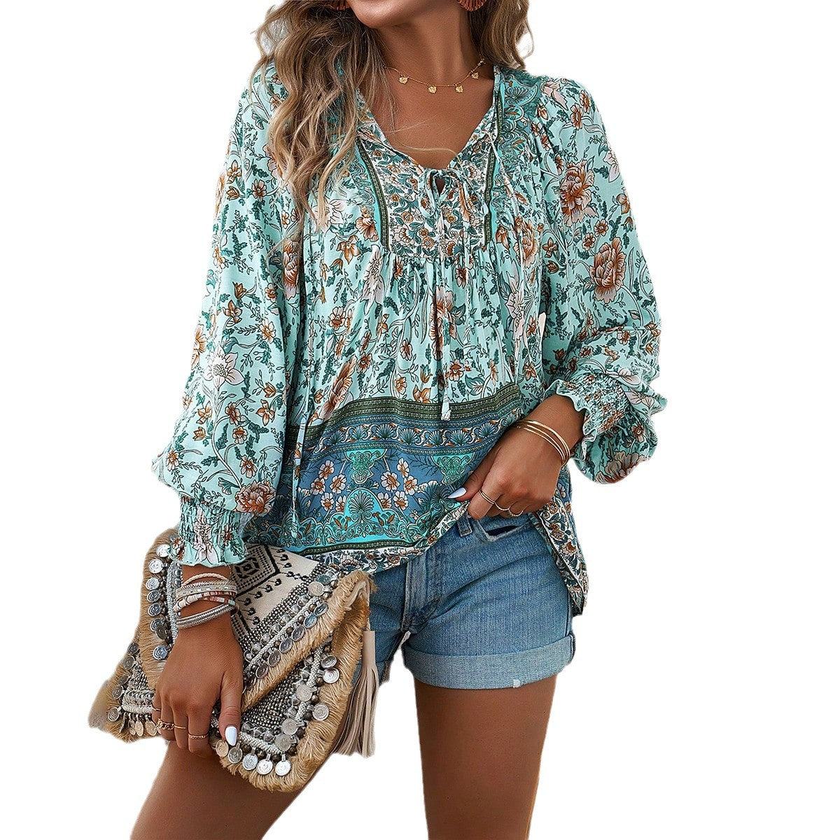 Dame Blomstret Bluse Med Bindedetalje Foran Og Lange Ærmer – Let Skjortebluse Til Hverdagsbrug, Ferie Og Smart Casual Stil