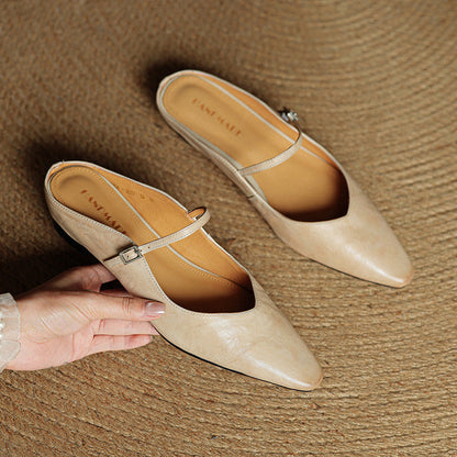 Women's Flat Mules with Pointed Toe and Strap Details – Slip-on Shoes for Everyday Wear, the Office, and Special Occasions