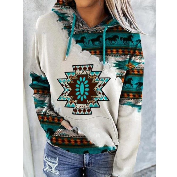Sudadera con capucha para mujer, con estampado geométrico y cordón - Pulóver informal para otoño, uso diario, tiempo libre y looks a capas