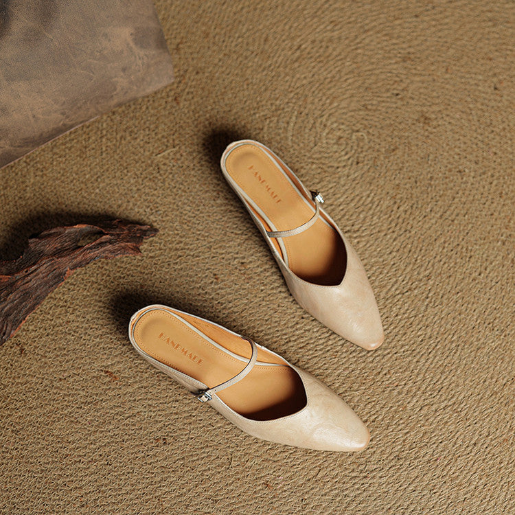 Women's Flat Mules with Pointed Toe and Strap Details – Slip-on Shoes for Everyday Wear, the Office, and Special Occasions