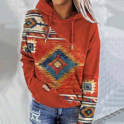 Sudadera con capucha para mujer, con estampado geométrico y cordón - Pulóver informal para otoño, uso diario, tiempo libre y looks a capas