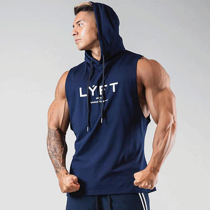 Chaleco deportivo sin mangas estampado para hombre con capucha y cordón: top informal para entrenar, tiempo libre y uso diario