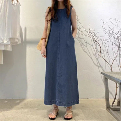 Rochie maxi din denim, fără mâneci, pentru femei, cu croială lejeră – rochie lungă și elegantă pentru purtare zilnică, vacanțe și zile relaxante