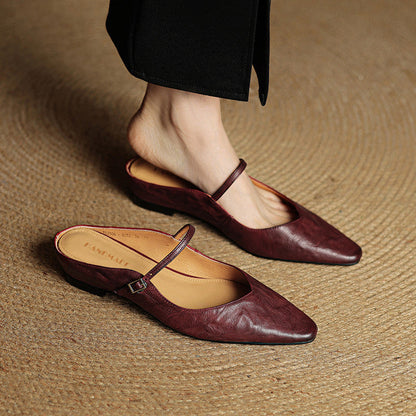 Women's Flat Mules with Pointed Toe and Strap Details – Slip-on Shoes for Everyday Wear, the Office, and Special Occasions