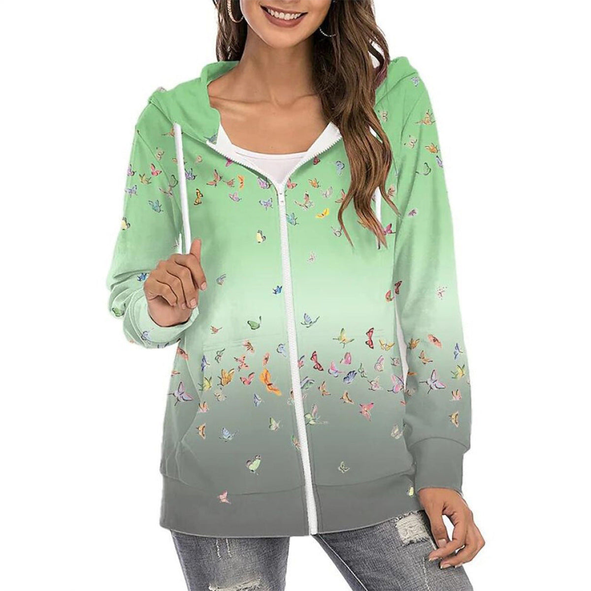 Dame Butterfly-print Hættetrøje Med Lynlås Og Gradientdesign – Let Casual Jakke Til Hverdagsbrug, Fritid Og Lag-på-lag Styling