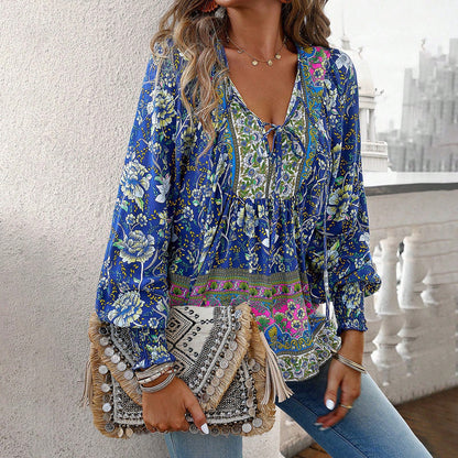Dame Blomstret Bluse Med Bindedetalje Foran Og Lange Ærmer – Let Skjortebluse Til Hverdagsbrug, Ferie Og Smart Casual Stil