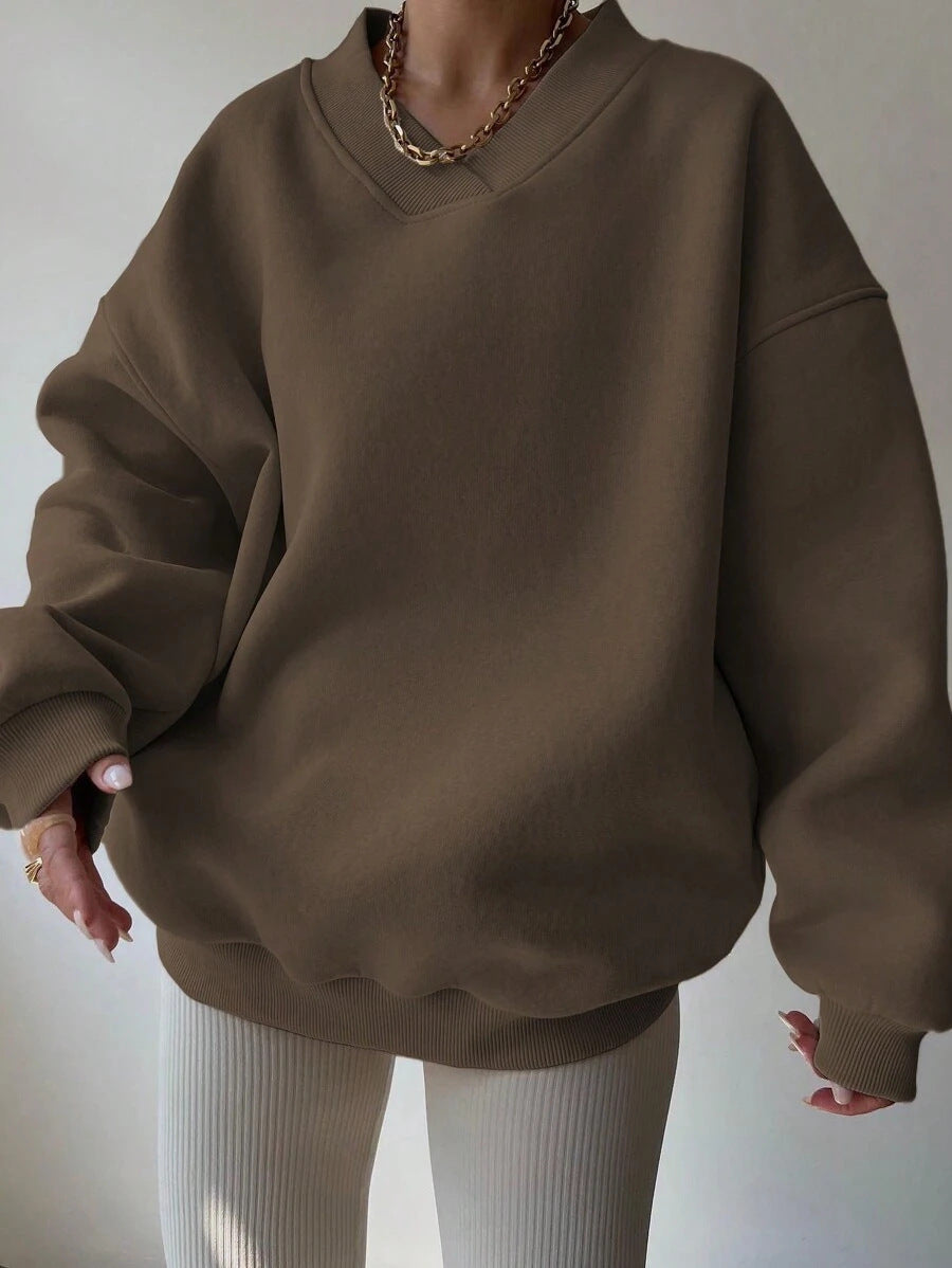 Sudadera oversize para mujer con cuello de pico y hombros caídos - pulóver informal para el día a día, el tiempo libre y un estilo moderno