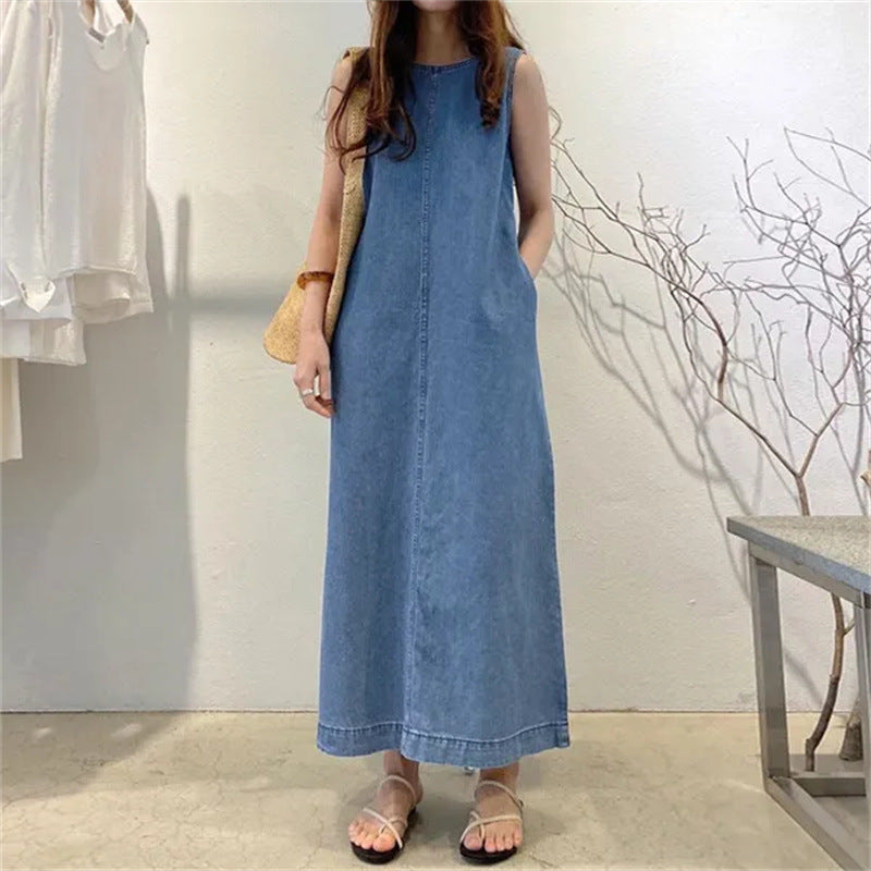 Rochie maxi din denim, fără mâneci, pentru femei, cu croială lejeră – rochie lungă și elegantă pentru purtare zilnică, vacanțe și zile relaxante