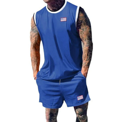 Conjunto deportivo de 2 piezas para hombre con camiseta de tirantes sin mangas y pantalones cortos con ribetes en contraste - Ropa de entrenamiento relajada para fitness, deporte, correr y tiempo libre