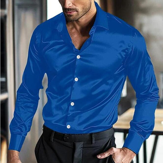 Cămașă bărbătească slim fit din satin, cu mâneci lungi și nasturi în culori contrastante – cămașă elegantă pentru serile în oraș, ocazii festive și evenimente formale