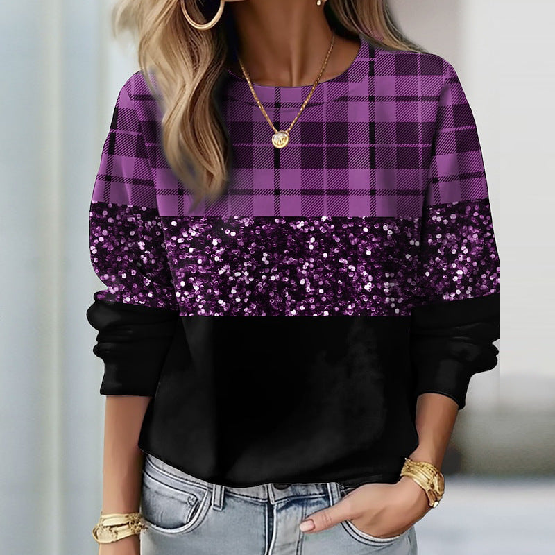 Dame Sweatshirt Med Paillettern Og Glitrende Panel – Afslappet Pullover Med Rund Hals Til Hverdagsbrug, Fest Og Moderne Stil