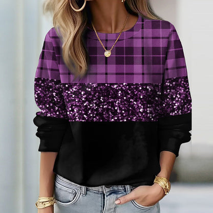 Dame Sweatshirt Med Paillettern Og Glitrende Panel – Afslappet Pullover Med Rund Hals Til Hverdagsbrug, Fest Og Moderne Stil
