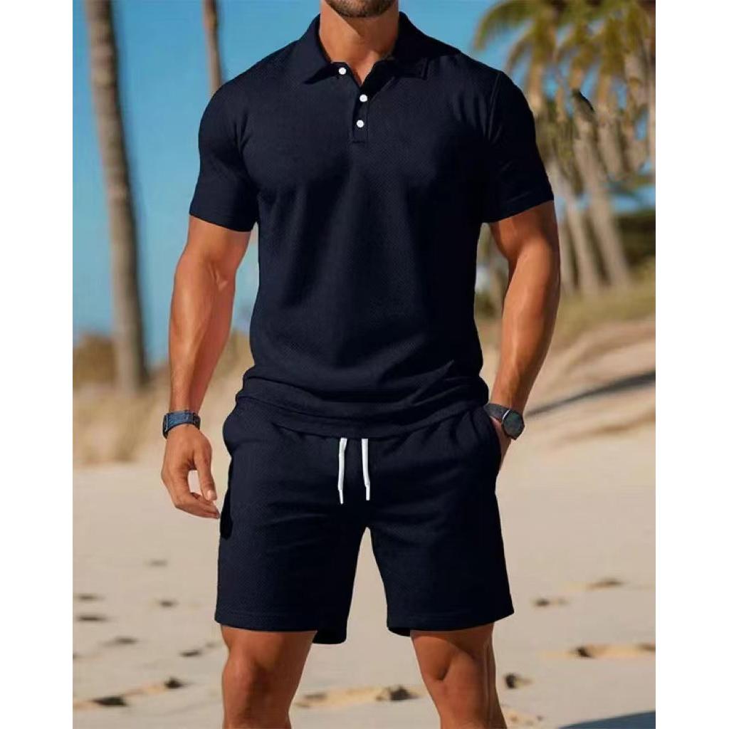Men's Polo Set with Short-Sleeve Shirt and Shorts – Casual Summer Set with Drawstring Waist for Holidays, Leisure, and Everyday Wear