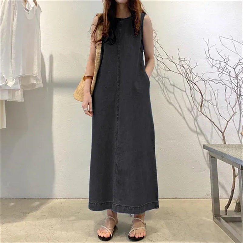 Rochie maxi din denim, fără mâneci, pentru femei, cu croială lejeră – rochie lungă și elegantă pentru purtare zilnică, vacanțe și zile relaxante
