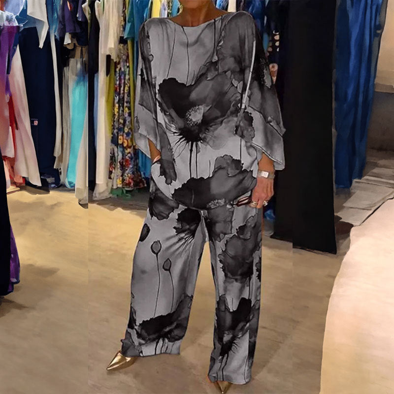 Dámská dvoudílná souprava s uměleckým potiskem, topem s širokými rukávy a volnými kalhotami - elegantní a vzdušná souprava na každodenní nošení, volný čas i smart casual styl