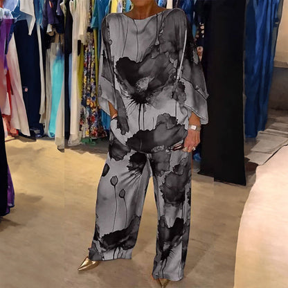 Dámská dvoudílná souprava s uměleckým potiskem, topem s širokými rukávy a volnými kalhotami - elegantní a vzdušná souprava na každodenní nošení, volný čas i smart casual styl