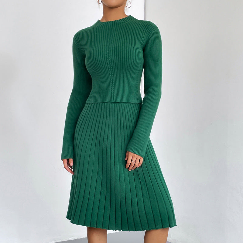 Dámská plisovaná pletená 2dílná souprava s žebrovaným svetrem a sukní áčkového střihu - elegantní pletená souprava pro každodenní nošení a smart casual styl