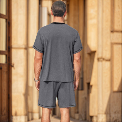 Set sport bărbătesc din 2 piese, cu decolteu în V și bluză cu mâneci scurte – set lejer de antrenament cu pantaloni scurți asortați pentru sport, fitness și timp liber