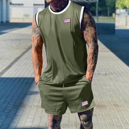 Conjunto deportivo de 2 piezas para hombre con camiseta de tirantes sin mangas y pantalones cortos con ribetes en contraste - Ropa de entrenamiento relajada para fitness, deporte, correr y tiempo libre