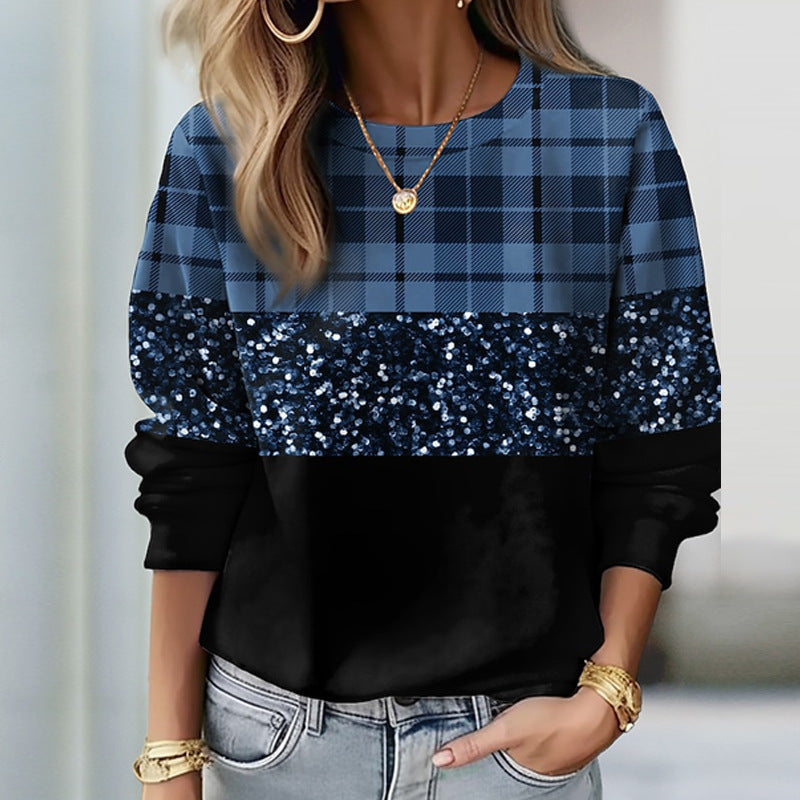 Dame Sweatshirt Med Paillettern Og Glitrende Panel – Afslappet Pullover Med Rund Hals Til Hverdagsbrug, Fest Og Moderne Stil