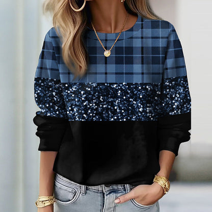 Dame Sweatshirt Med Paillettern Og Glitrende Panel – Afslappet Pullover Med Rund Hals Til Hverdagsbrug, Fest Og Moderne Stil