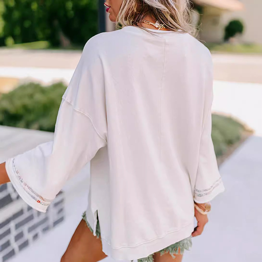 Dame Sweatshirt Med Blomstret Peace-print Og Brede Ærmer – Afslappet Og Markant Pullover Til Hverdagsbrug, Fritid Og Casual Stil