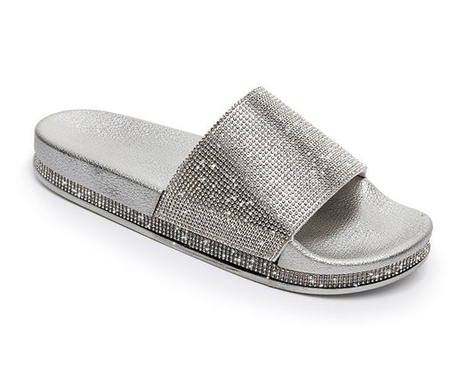 Sandale de damă fără închidere, cu strasuri și baretă lată - sandale plate de vară strălucitoare, cu talpă decorativă, pentru vacanță, vară și ținute lejere de zi cu zi