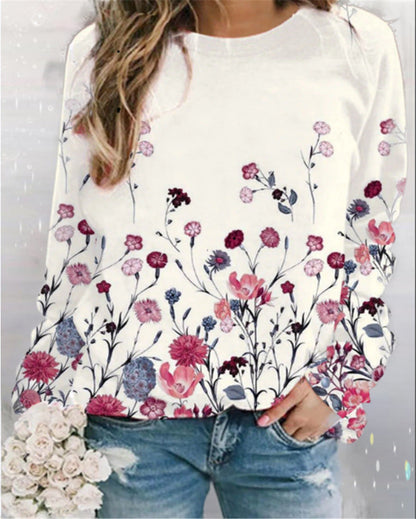 Dame Sweatshirt Med Kunstnerisk Print Og Rund Hals – Afslappet Pullover Til Hverdagsbrug, Fritid Og Weekendstil