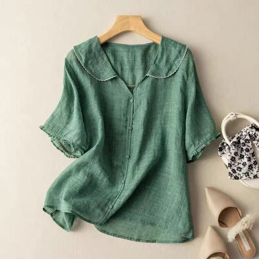 Women's Button-Front Blouse – Casual Peter Pan Collar Top for Summer Wear
