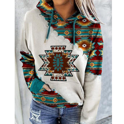 Sudadera con capucha para mujer, con estampado geométrico y cordón - Pulóver informal para otoño, uso diario, tiempo libre y looks a capas