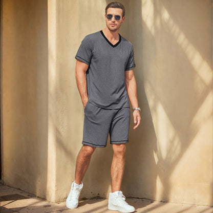 Set sport bărbătesc din 2 piese, cu decolteu în V și bluză cu mâneci scurte – set lejer de antrenament cu pantaloni scurți asortați pentru sport, fitness și timp liber